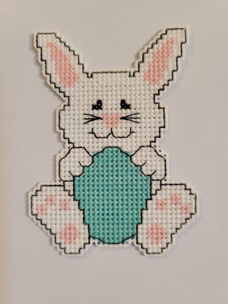 Handmade Cross Stitched Easter Bunny with Blue Egg Refrigerator Magnet