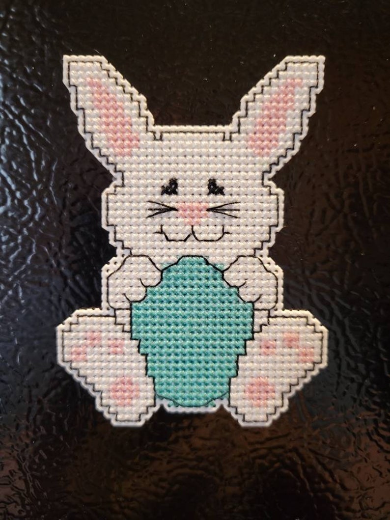 Handmade Cross Stitched Easter Bunny with Blue Egg Refrigerator Magnet