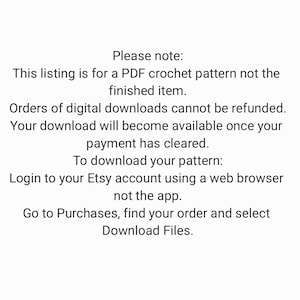 Pu&ograve; includere: Testo su sfondo bianco che spiega che questo annuncio &egrave; per un modello di uncinetto PDF, non per un articolo finito. Spiega anche che i download digitali non sono rimborsabili e come scaricare il modello.