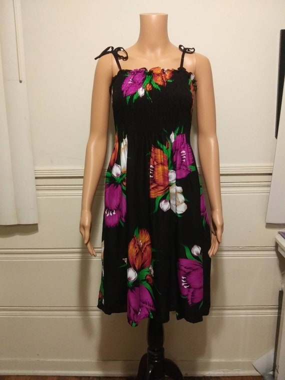 Vintage Hawaiian Black Flower Print Dress one size