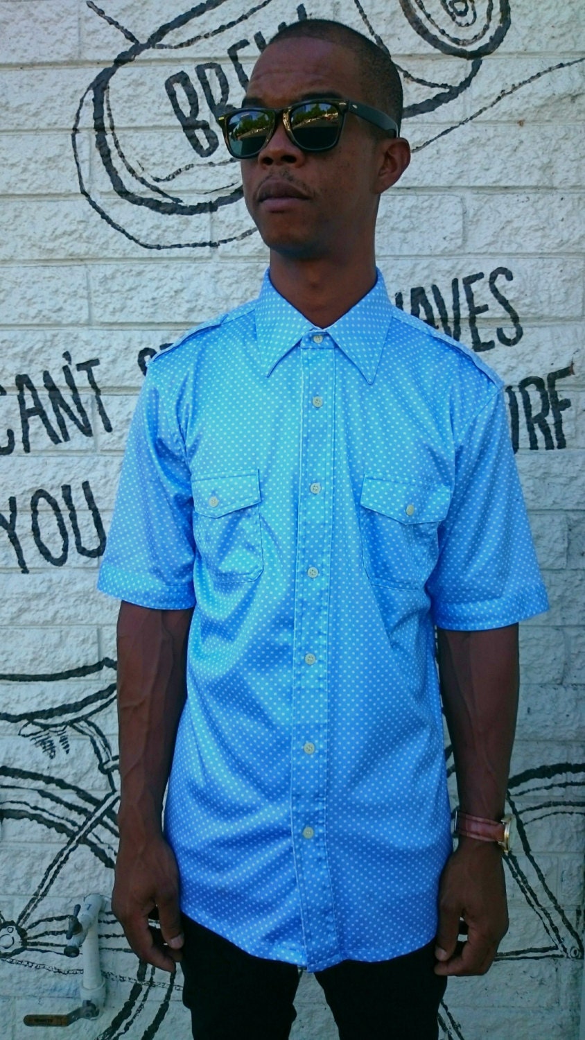 Mens Vintage Retro Blue and White Polkadot Button Down Shirt Etsy