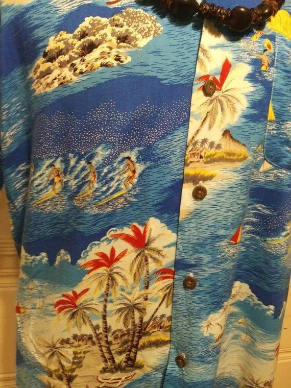 Vintage Blue Button Down Hawaiian Shirt Large - image 4