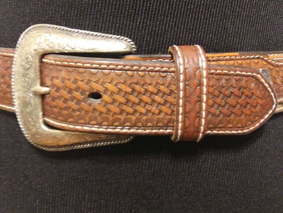 Nocona Tan Leather Hair Inlay Western Belt 32 - image 4