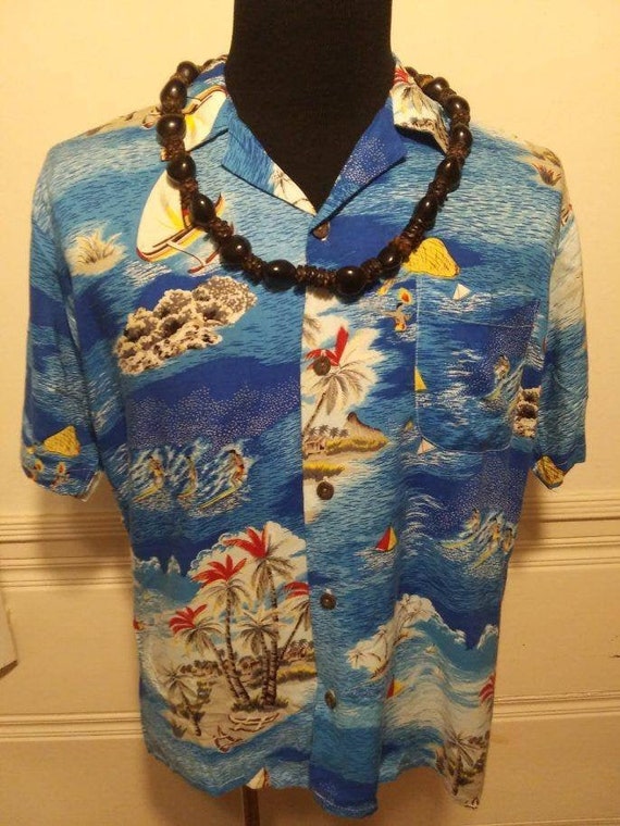 Vintage Blue Button Down Hawaiian Shirt Large - image 1