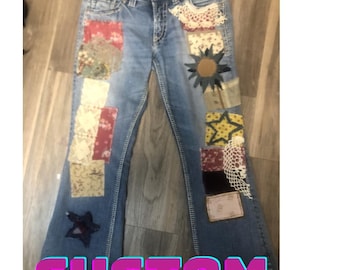 CUSTOM upcycled Jeans - Genau das, was du willst! Individuelle Aufnäher, Spitze, Nähen. 2 Wochen Wartezeit!