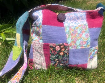 Spring Project Bag, Craft tote Knitting, Embroidery Bag, patchwork, solid pink interior many special pockets. 10x11”  sustainable