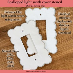 Puede incluir: Dos plantillas blancas con forma de concha para cubiertas de interruptores de luz, con borde gris. La imagen incluye el texto "Scalloped light switch cover stencil" y "Digital download". Las plantillas son para cubiertas de interruptores de arcilla polimérica.