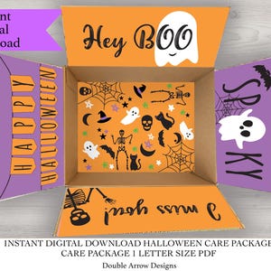 May include: Printable Halloween care package box template with a purple, orange, and white design. The box features the text "Hey Boo", "Happy Halloween", and "Spooky".