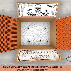 May include: Printable Halloween labels for a care package. The labels feature a spiderweb design with spiders, a skull and crossbones, and the text "Trick or Treat". The labels also include the text "Happy Halloween" and "Admit One".