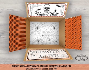 May include: An open cardboard box with Halloween-themed interior liners. The top flap reads "Scary Theatre presents: Trick or Treat ADMIT ONE OCT. 31" with a skull, bats, and spiders. The bottom flap reads "HAPPY HALLOWEEN" with spiderwebs.