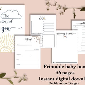 May include: A collection of printable baby book pages with text including "The story of you", "Welcome to the world", and "Growth Chart". The pages are white with minimalist illustrations and text, and the words "Printable baby book" are also visible.