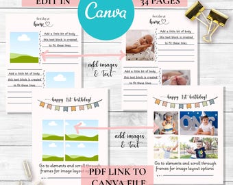 Printable Baby Memory Book: Hand-Drawn First Year Milestones (Letter PDF Downloadable Canva Template )