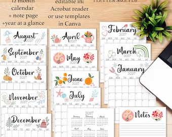2027 Editable Monthly Calendar Printable: Seasonal Design (Letter-Size PDF, Instant Download)