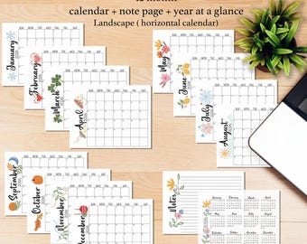 2026 Monthly Calendar Printable: landscape Seasonal Design (Letter-Size PDF, horizontal Instant Download)
