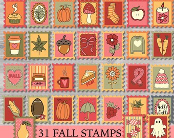 fall postage stamp clipart, printable autumn stamps, cozy season printables