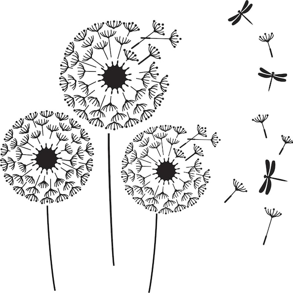 Dandelion Pochoir avec libellules comprend jpg, png, eps, svg,dfx. Fichiers