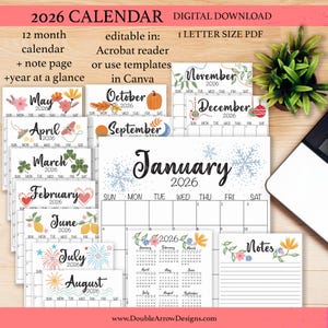 2026 Calendar Printable, Editable Calendar 2026,  printable calendar 2026, Monthly Calendar Printable, 12 month calendar,Instant  Download