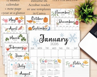 2026 Editable Monthly Calendar Printable: Seasonal Design (Letter-Size PDF, Instant Download)