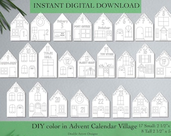 Printable Christmas Village Advent Calendar: DIY Color-In Paper Houses (PDF Download, Letter Size)