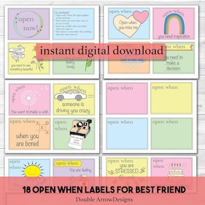 Puede incluir: Una descarga digital de 18 etiquetas "Open When" para una mejor amiga. Cada etiqueta presenta un diseño único con frases como "Open When You Miss Me" y "Open When You Are Stressed". Las etiquetas son de varios colores.