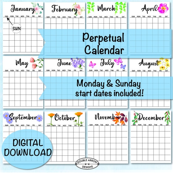 Perpetual Calendar Printable January December Calendar | Etsy