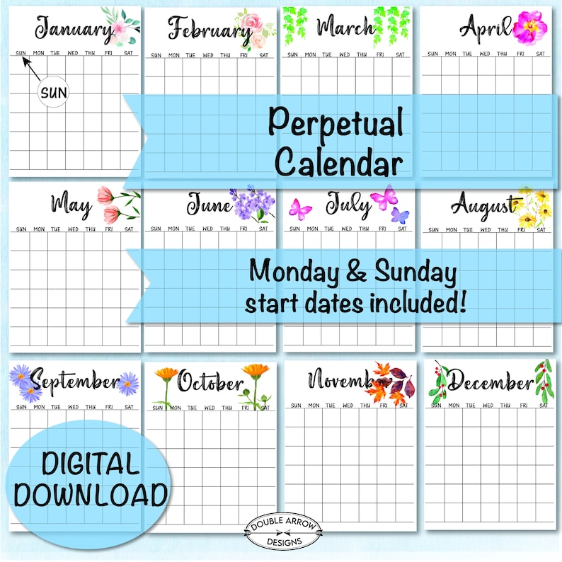 Perpetual Calendar Printable January December Calendar Template Sun
