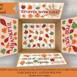 Könnte beinhalten: Druckbarer Thanksgiving-Geschenkbox-Design mit einer braunen Pappbox und bunten, gemusterten Klappen. Die Klappen zeigen Herbstblätter, Kürbisse und Truthähne mit dem Text "Stuffed with Love!" und "Thankful" und "For You!"