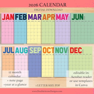 2026 Calendar Printable, Editable Calendar 2026,  printable calendar 2026, Monthly Calendar Printable, 12 month calendar,Instant  Download