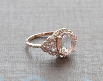 Morganite Pink Sapphire Engagement Ring - Sapphire Engagement Setting - 14k Rose Gold Morganite Art Deco Ring - Sapphire Engagement Ring