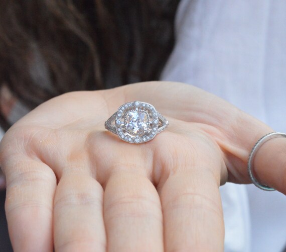 14k Halo Ring Cushion Cut Engagement Ring Split Shank Ring Etsy