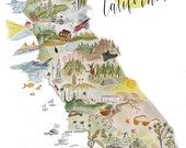 Illustrated Watercolor Map of California - from Lassen Nat. Park to San Diego, and inbetween