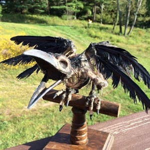 Squelette de corbeau sur un perchoir en bois rustique