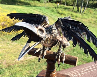 Raven Skeleton Prop On A Rustic Wooden Perch