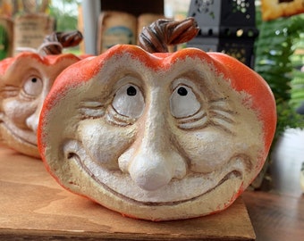 Resin Pumpkin Figurine With A Smiling Happy Face - Holiday Home Decor For Thanksgiving or Halloween
