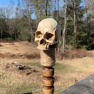 Skull Head Poplar Hand Carved Walking Stick - Gothic Voodoo Wizard Staff or Hiking Stick With A Hemp Cord Wrapping