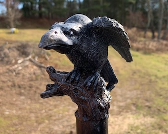 Perched Raven On A Gnarled Tree Branch Hand Carved Spiral Walking Stick Made From Poplar Wood