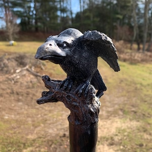 Perched Raven On A Gnarled Tree Branch Hand Carved Spiral Walking Stick Made From Poplar Wood