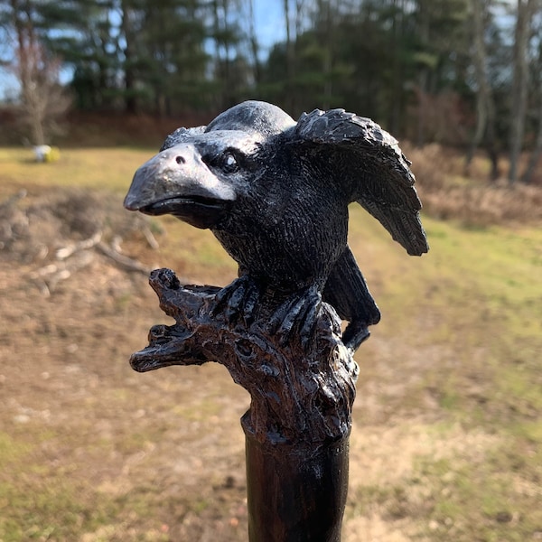 Corbeau perché sur une branche d'arbre noueux Bâton de marche en spirale sculpté à la main en bois de peuplier