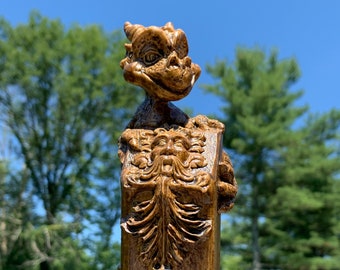 Smiling Dragon Topped Walking Stick With Floral Green Man Face Base Made From Poplar Wood