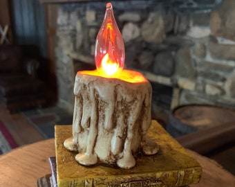 Whimsical Antiqued Book Stack Lamp or Night Light with Dripping Candle and Flickering Bulb