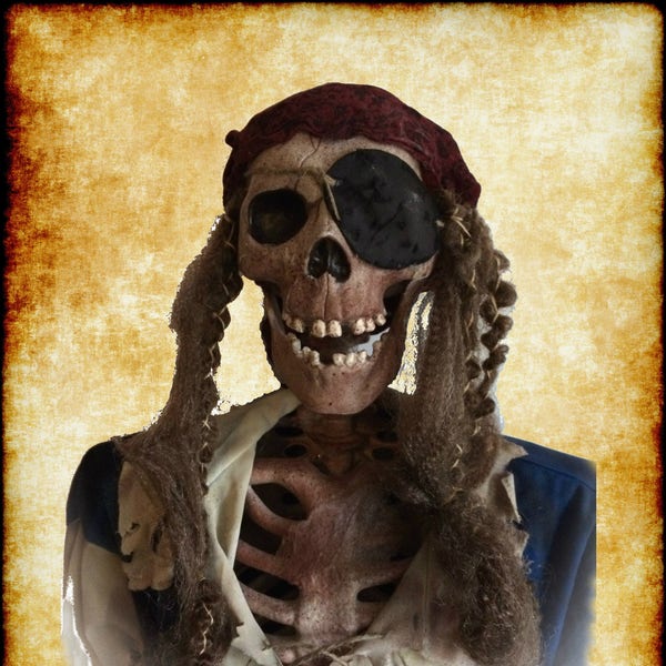 Life Size Pirate Skeleton - Billy Bones - Fully Posable Realistic Prop And Decoration With Eye Patch And A Rusty Cutlass