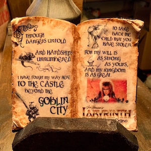Jim Henson&#39;s Labyrinth - Handmade Resin Display Storybook With Antiqued Pages On A Rustic Salvage Wood Base