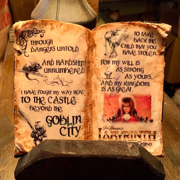 Jim Henson's Labyrinth - Handmade Resin Display Storybook With Antiqued Pages On A Rustic Salvage Wood Base