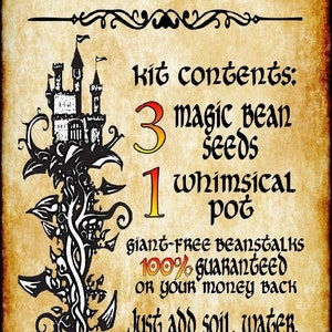 Puede incluir: Una ilustración de estilo vintage de un kit de inicio de tallo de frijol mágico. La ilustración presenta un castillo en la cima de un tallo de frijol, con texto que dice "magic Beanstalk Starter Kit" y "kit contents: 3 magic bean seeds 1 whimsical pot giant-free beanstalks 100% guaranteed or your money back Just add soil, water, and imagination".
