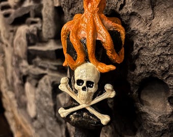 Kraken Topped Skull and Crossbones Hand Carved Spiral Walking Stick Made From Poplar Wood