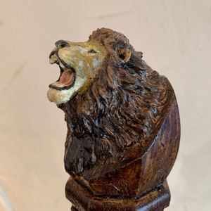 Lion&#39;s Head Poplar Hand Carved Walking Stick - Hiking Stick With A Braided Cord Wrapping