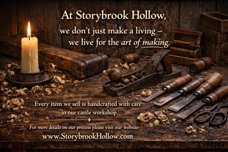 May include: A candle burns beside woodworking tools, including a plane and chisels, on a rustic wooden surface. The image includes text that reads "At Storybrook Hollow, we live for the art of making."