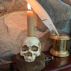 Aged Miniature Skull Gothic Candlestick Holder On A Rustic Salvaged Fence Post Base