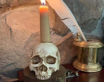 Aged Miniature Skull Gothic Candlestick Holder On A Rustic Salvaged Fence Post Base