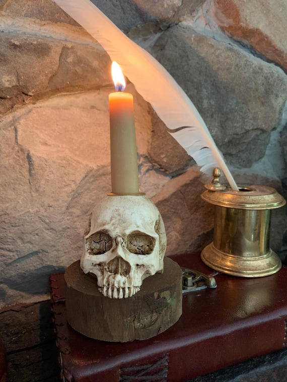 Aged Miniature Skull Gothic Candlestick Holder on A Rustic Salvaged Fence  Post Base 